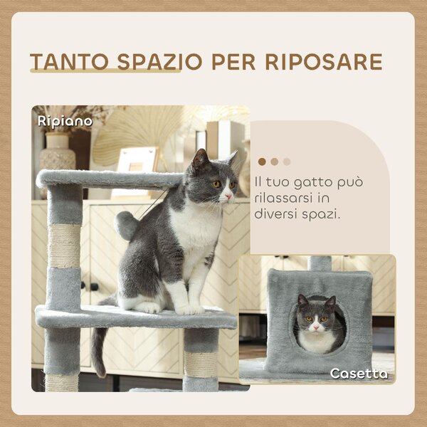 AllMyPets Albero Tiragraffi per Gatti con Casetta, 2 Piattaforme e Pallina, in Legno, Sisal e Peluche, 50x30x81.5 cm, colore Grigio - L3555CG
