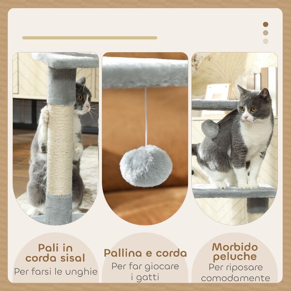 AllMyPets Albero Tiragraffi per Gatti con Casetta, 2 Piattaforme e Pallina, in Legno, Sisal e Peluche, 50x30x81.5 cm, colore Grigio - L3555CG