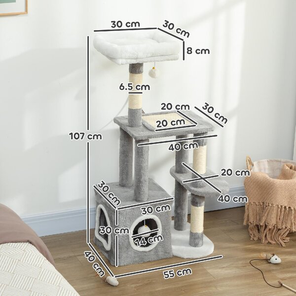 AllMyPets Albero Tiragraffi per Gatti con Casetta Lettino e 2 Palline in Legno e Peluche 55x40x107 cm colore Grigio e Bianco - W681GY