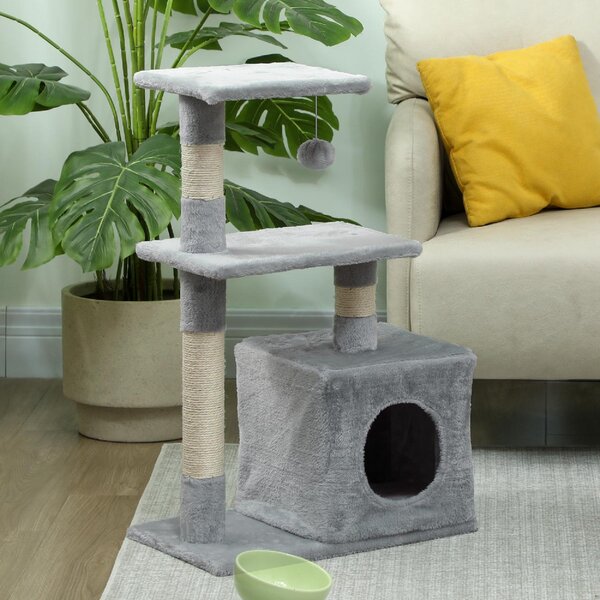 AllMyPets Albero Tiragraffi per Gatti con Casetta, 2 Piattaforme e Pallina, in Legno, Sisal e Peluche, 50x30x81.5 cm, colore Grigio - L3555CG