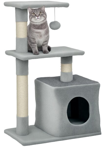 AllMyPets Albero Tiragraffi per Gatti con Casetta, 2 Piattaforme e Pallina, in Legno, Sisal e Peluche, 50x30x81.5 cm, colore Grigio - L3555CG