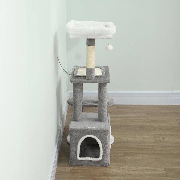AllMyPets Albero Tiragraffi per Gatti con Casetta Lettino e 2 Palline in Legno e Peluche 55x40x107 cm colore Grigio e Bianco - W681GY