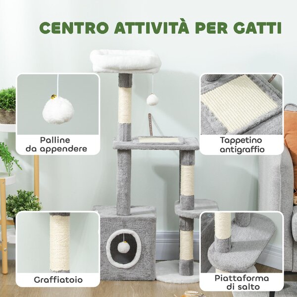 AllMyPets Albero Tiragraffi per Gatti con Casetta Lettino e 2 Palline in Legno e Peluche 55x40x107 cm colore Grigio e Bianco - W681GY