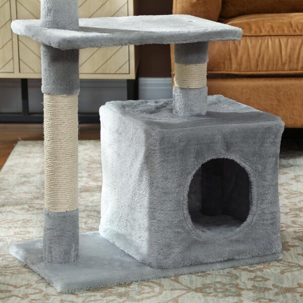 AllMyPets Albero Tiragraffi per Gatti con Casetta, 2 Piattaforme e Pallina, in Legno, Sisal e Peluche, 50x30x81.5 cm, colore Grigio - L3555CG