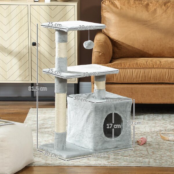 AllMyPets Albero Tiragraffi per Gatti con Casetta, 2 Piattaforme e Pallina, in Legno, Sisal e Peluche, 50x30x81.5 cm, colore Grigio - L3555CG