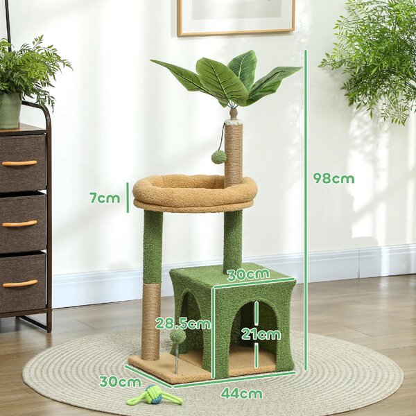 AllMyPets Albero Tiragraffi per Gatti con Casetta, Lettino e 2 Palline in Legno e Poliestere 44x30x98 cm colore Verde e Marrone - 0GNJ503
