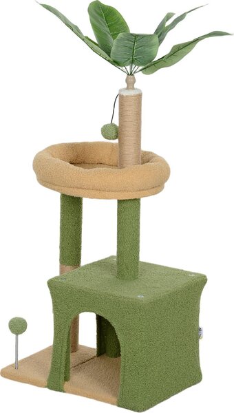 AllMyPets Albero Tiragraffi per Gatti con Casetta, Lettino e 2 Palline in Legno e Poliestere 44x30x98 cm colore Verde e Marrone - 0GNJ503