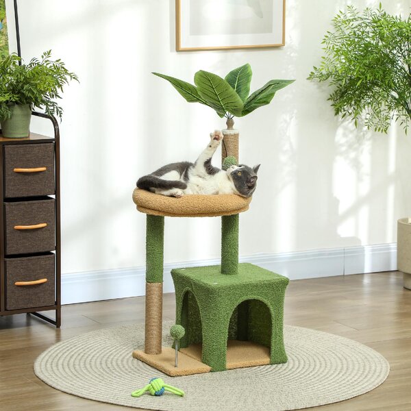 AllMyPets Albero Tiragraffi per Gatti con Casetta, Lettino e 2 Palline in Legno e Poliestere 44x30x98 cm colore Verde e Marrone - 0GNJ503