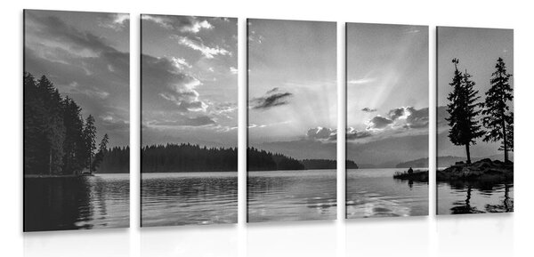 Quadri 5 pezzi – Riflesso del lago di montagna in bianco e nero