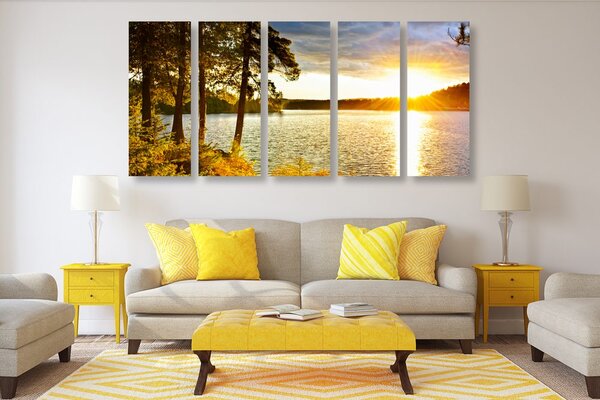 Quadri 5 pezzi – Tramonto sul lago