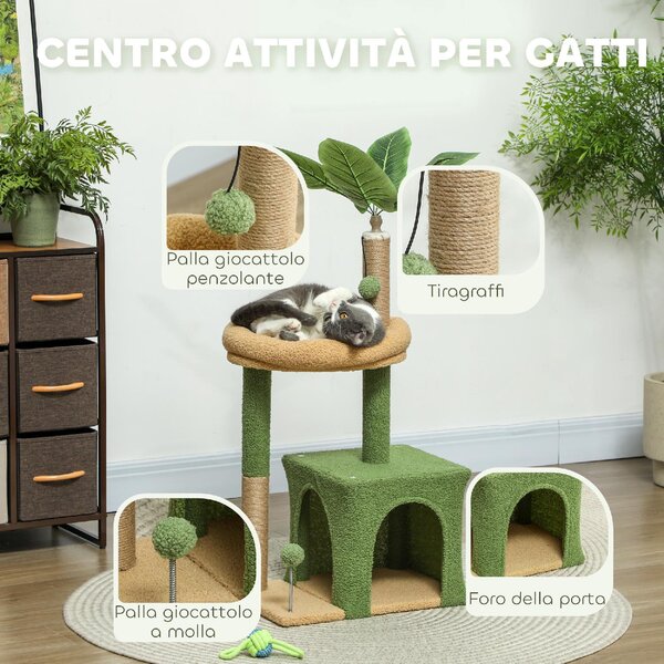 AllMyPets Albero Tiragraffi per Gatti con Casetta, Lettino e 2 Palline in Legno e Poliestere 44x30x98 cm colore Verde e Marrone - 0GNJ503