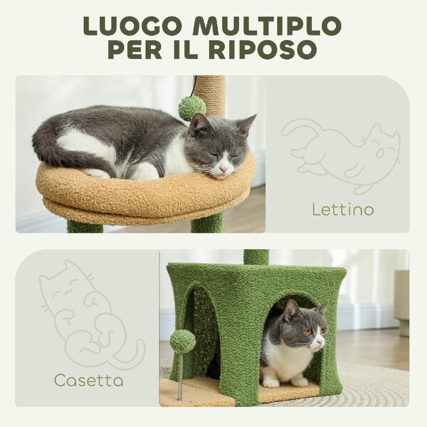 AllMyPets Albero Tiragraffi per Gatti con Casetta, Lettino e 2 Palline in Legno e Poliestere 44x30x98 cm colore Verde e Marrone - 0GNJ503