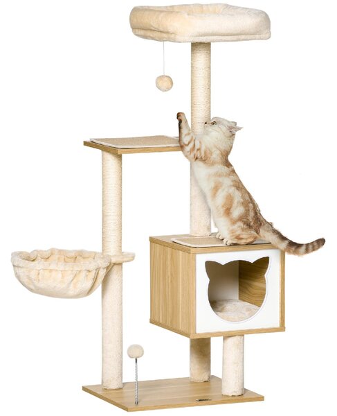 AllMyPets Albero Tiragraffi per Gatti con Grattatoi Multi-Accessori Cuccetta Amaca Cestello Cuscini Rimovibili Altezza 126 cm Peluche Sisal Natural