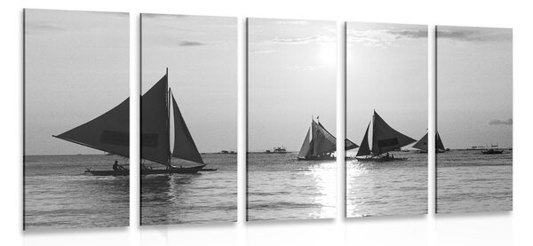 Quadri 5 pezzi – Splendido tramonto sul mare in bianco e nero
