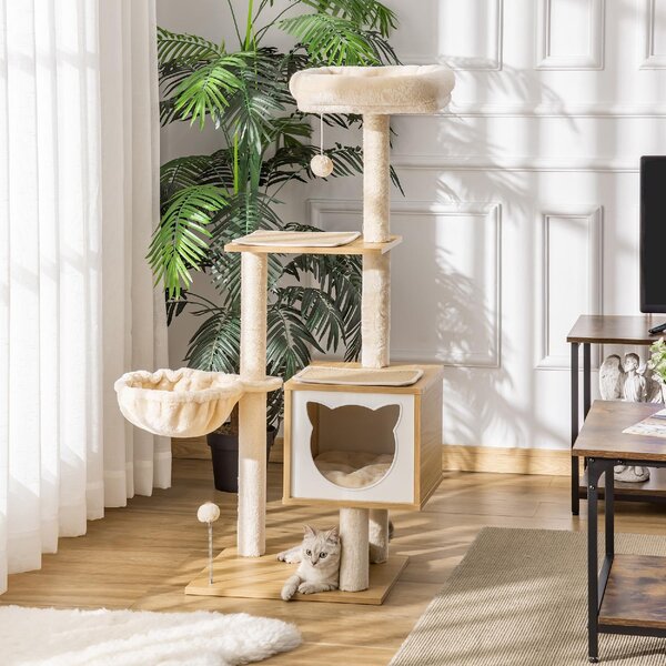 AllMyPets Albero Tiragraffi per Gatti con Grattatoi Multi-Accessori Cuccetta Amaca Cestello Cuscini Rimovibili Altezza 126 cm Peluche Sisal Natural
