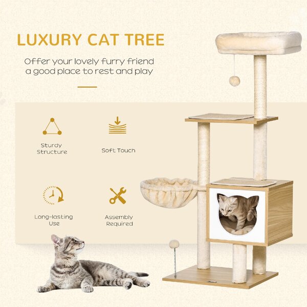 AllMyPets Albero Tiragraffi per Gatti con Grattatoi Multi-Accessori Cuccetta Amaca Cestello Cuscini Rimovibili Altezza 126 cm Peluche Sisal Natural