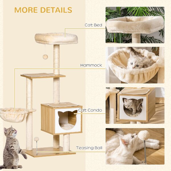 AllMyPets Albero Tiragraffi per Gatti con Grattatoi Multi-Accessori Cuccetta Amaca Cestello Cuscini Rimovibili Altezza 126 cm Peluche Sisal Natural