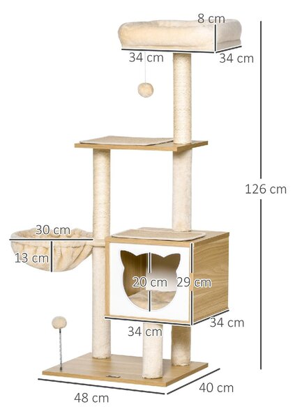 AllMyPets Albero Tiragraffi per Gatti con Grattatoi Multi-Accessori Cuccetta Amaca Cestello Cuscini Rimovibili Altezza 126 cm Peluche Sisal Natural