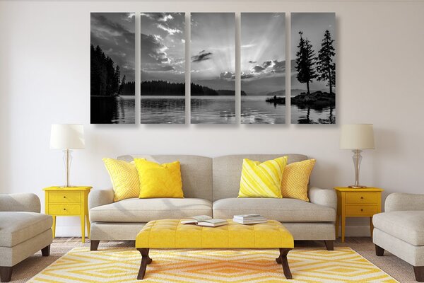 Quadri 5 pezzi – Riflesso del lago di montagna in bianco e nero