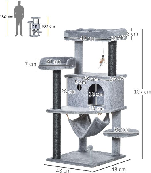 AllMyPets Albero Tiragraffi per Gatti con Palo, Casetta, Letto, Amaca e 2 Giochi in Legno e Peluche, 48x48x107 cm colore Grigio - R33587