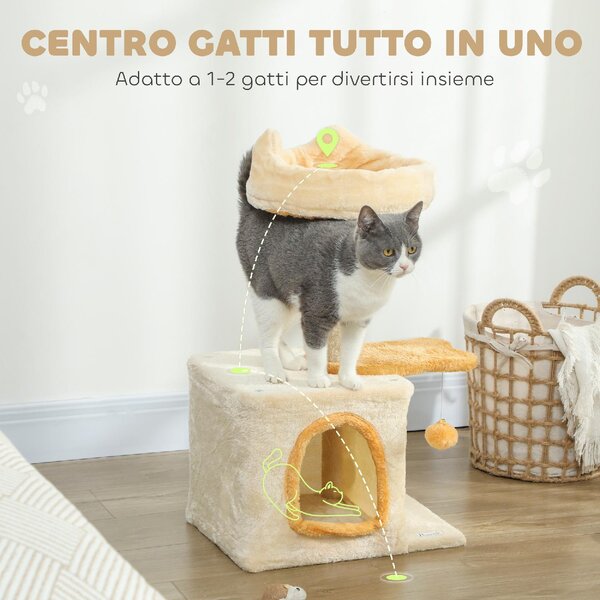AllMyPets Albero Tiragraffi per Gatti con Posatoio e Casetta in Legno Peluche e Sisal 40x30x72 cm colore Beige e Giallo - W682BG