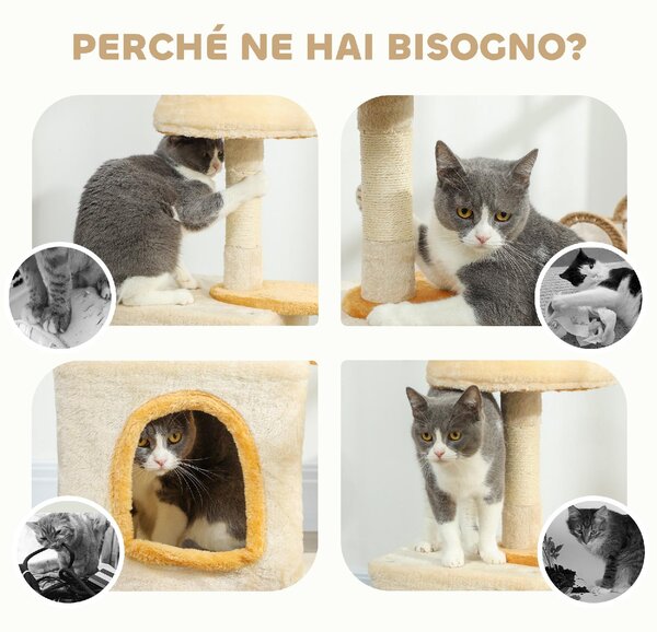 AllMyPets Albero Tiragraffi per Gatti con Posatoio e Casetta in Legno Peluche e Sisal 40x30x72 cm colore Beige e Giallo - W682BG