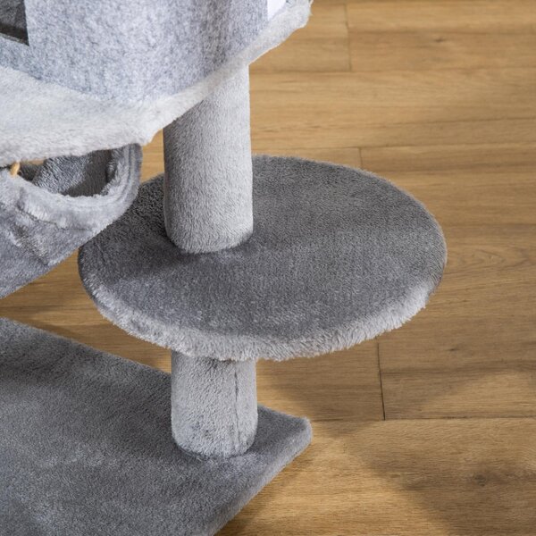 AllMyPets Albero Tiragraffi per Gatti con Palo, Casetta, Letto, Amaca e 2 Giochi in Legno e Peluche, 48x48x107 cm colore Grigio - R33587