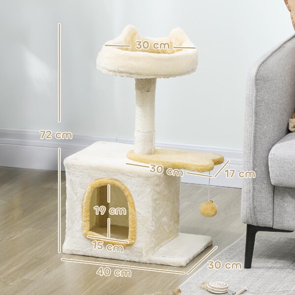 AllMyPets Albero Tiragraffi per Gatti con Posatoio e Casetta in Legno Peluche e Sisal 40x30x72 cm colore Beige e Giallo - W682BG