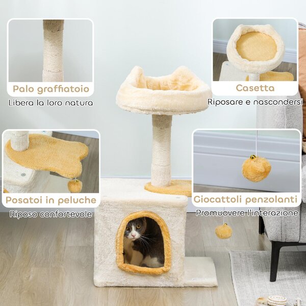 AllMyPets Albero Tiragraffi per Gatti con Posatoio e Casetta in Legno Peluche e Sisal 40x30x72 cm colore Beige e Giallo - W682BG