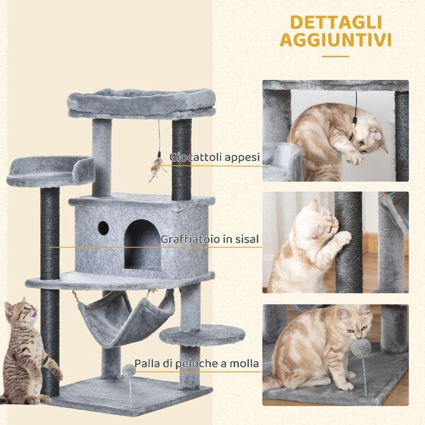 AllMyPets Albero Tiragraffi per Gatti con Palo, Casetta, Letto, Amaca e 2 Giochi in Legno e Peluche, 48x48x107 cm colore Grigio - R33587