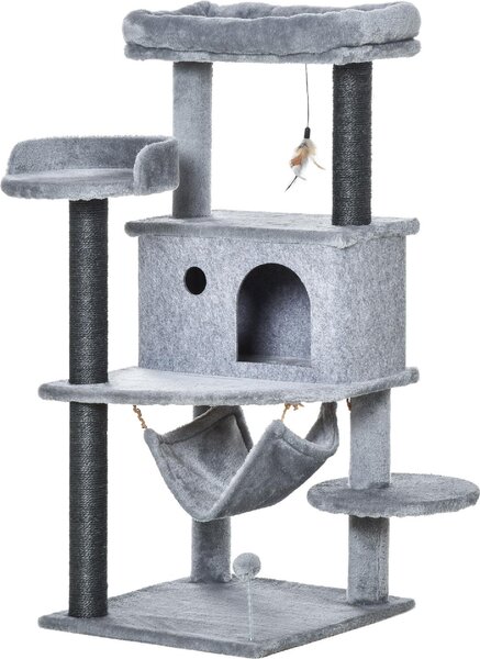 AllMyPets Albero Tiragraffi per Gatti con Palo, Casetta, Letto, Amaca e 2 Giochi in Legno e Peluche, 48x48x107 cm colore Grigio - R33587