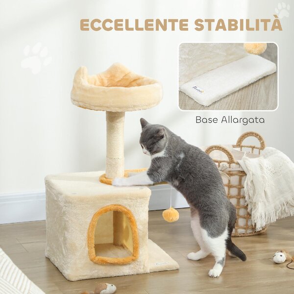 AllMyPets Albero Tiragraffi per Gatti con Posatoio e Casetta in Legno Peluche e Sisal 40x30x72 cm colore Beige e Giallo - W682BG