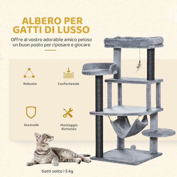 AllMyPets Albero Tiragraffi per Gatti con Palo, Casetta, Letto, Amaca e 2 Giochi in Legno e Peluche, 48x48x107 cm colore Grigio - R33587
