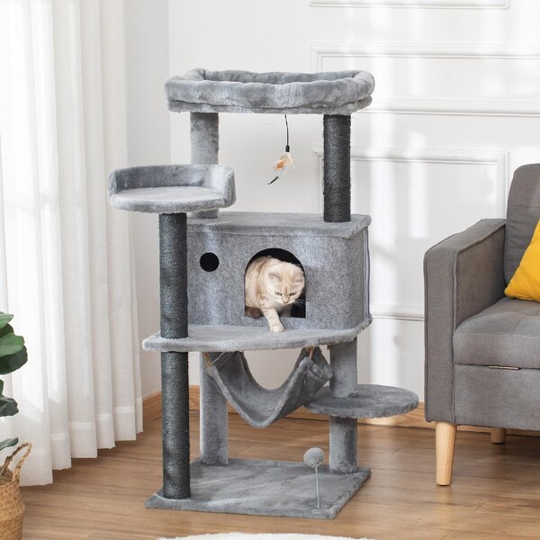 AllMyPets Albero Tiragraffi per Gatti con Palo, Casetta, Letto, Amaca e 2 Giochi in Legno e Peluche, 48x48x107 cm colore Grigio - R33587