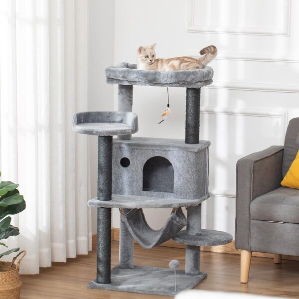 AllMyPets Albero Tiragraffi per Gatti con Palo, Casetta, Letto, Amaca e 2 Giochi in Legno e Peluche, 48x48x107 cm colore Grigio - R33587