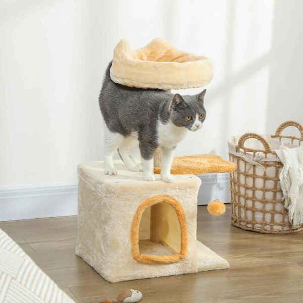 AllMyPets Albero Tiragraffi per Gatti con Posatoio e Casetta in Legno Peluche e Sisal 40x30x72 cm colore Beige e Giallo - W682BG