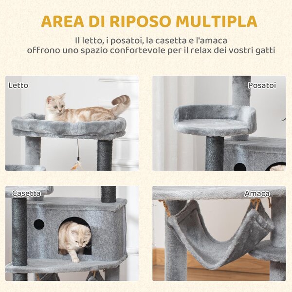 AllMyPets Albero Tiragraffi per Gatti con Palo, Casetta, Letto, Amaca e 2 Giochi in Legno e Peluche, 48x48x107 cm colore Grigio - R33587