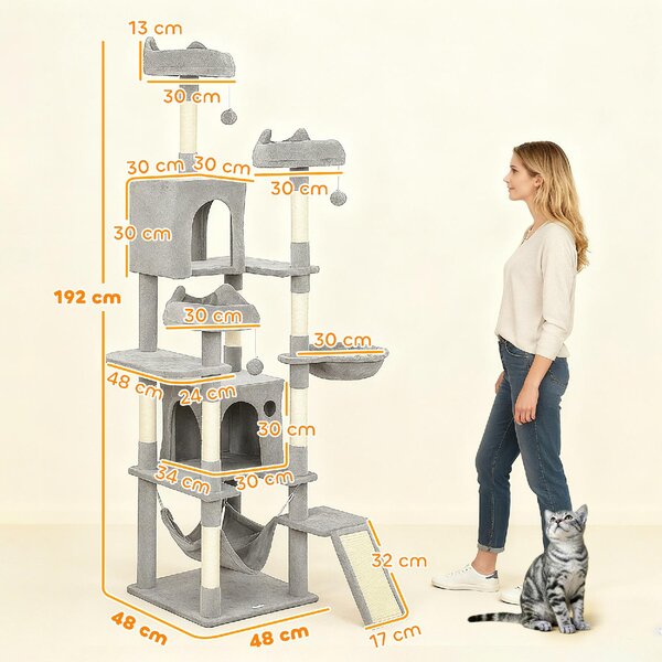 AllMyPets Albero Tiragraffi per Gatti con Scala 2 Amache 3 Posatoi 2 Casette e 3 Piattaforme 48x48x192 cm colore Grigio e Crema - W683LG