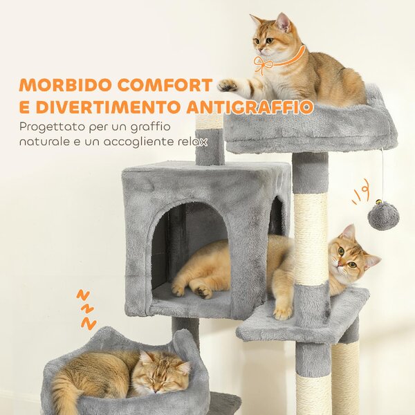 AllMyPets Albero Tiragraffi per Gatti con Scala 2 Amache 3 Posatoi 2 Casette e 3 Piattaforme 48x48x192 cm colore Grigio e Crema - W683LG