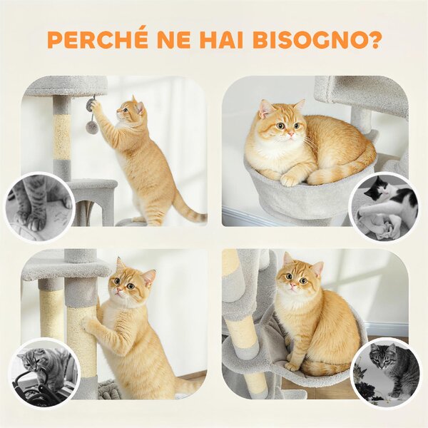 AllMyPets Albero Tiragraffi per Gatti con Scala 2 Amache 3 Posatoi 2 Casette e 3 Piattaforme 48x48x192 cm colore Grigio e Crema - W683LG