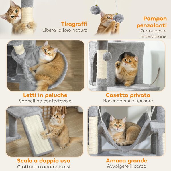 AllMyPets Albero Tiragraffi per Gatti con Scala 2 Amache 3 Posatoi 2 Casette e 3 Piattaforme 48x48x192 cm colore Grigio e Crema - W683LG