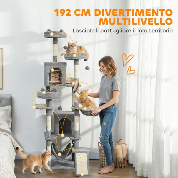 AllMyPets Albero Tiragraffi per Gatti con Scala 2 Amache 3 Posatoi 2 Casette e 3 Piattaforme 48x48x192 cm colore Grigio e Crema - W683LG