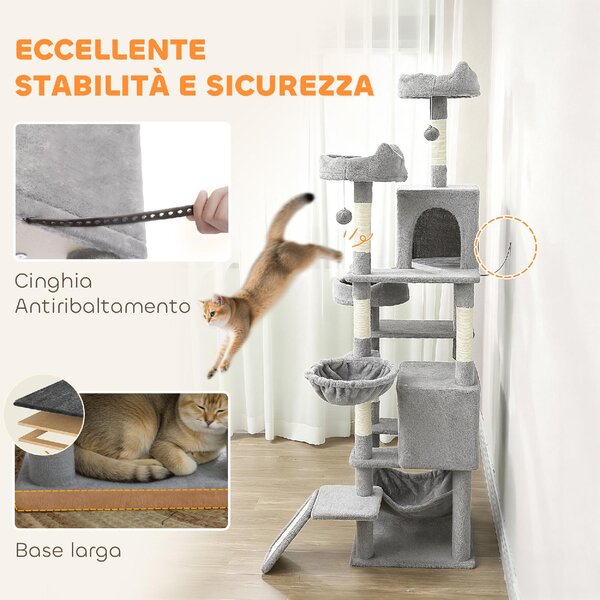 AllMyPets Albero Tiragraffi per Gatti con Scala 2 Amache 3 Posatoi 2 Casette e 3 Piattaforme 48x48x192 cm colore Grigio e Crema - W683LG