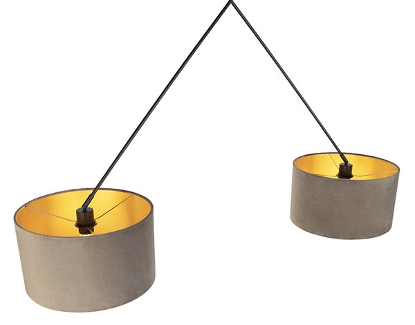 Lampada a sospensione nera con paralumi in velluto color tortora con oro 35 cm 2 luci - Blitz