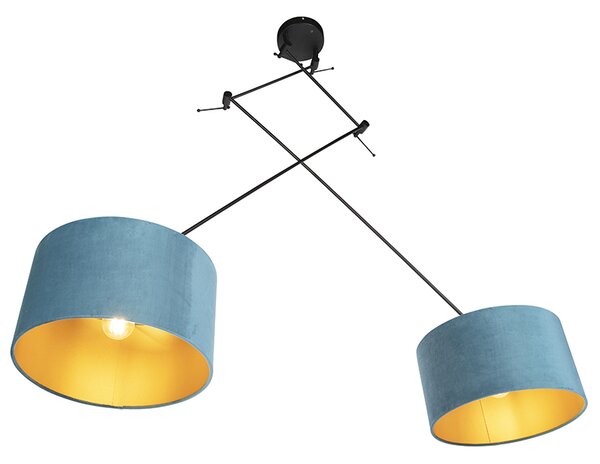Lampada a sospensione nera con paralumi in velluto blu e oro 35 cm 2 luci - Blitz