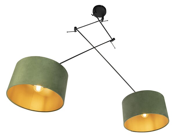 Lampada a sospensione nera con paralumi in velluto verde e oro 35 cm 2 luci - Blitz