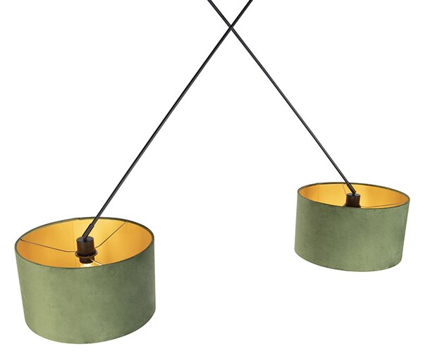 Lampada a sospensione nera con paralumi in velluto verde e oro 35 cm 2 luci - Blitz