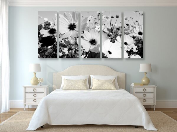 Quadri 5 pezzi – Prato di fiori primaverili in bianco e nero