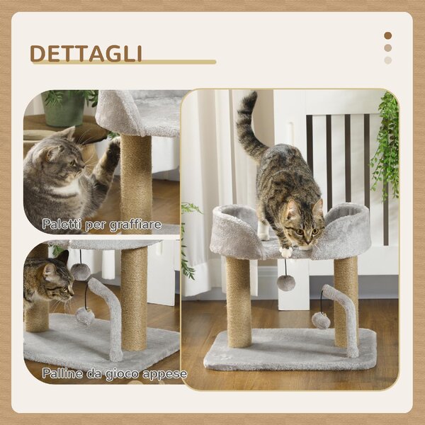 AllMyPets Albero Tiragraffi per Gatti in Juta, Lettino e Palline 48x38x42 cm colore Grigio - LGZ370