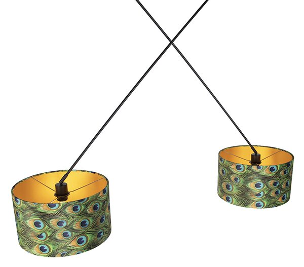 Lampada a sospensione nera con paralumi in velluto pavone con oro 35 cm 2 luci - Blitz